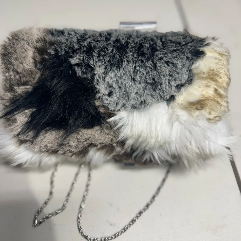 Faux Fur Clutch Bag With Chain Strap Gray White Black Plush Evening Purse